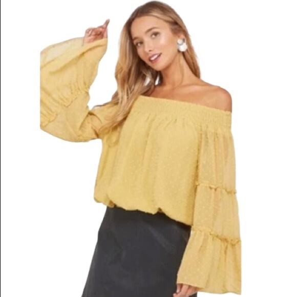WISHLIST APPAREL Smocked Sheer Off The Shoulder Bell Sleeved Swiss Dot Top - Picture 1 of 10